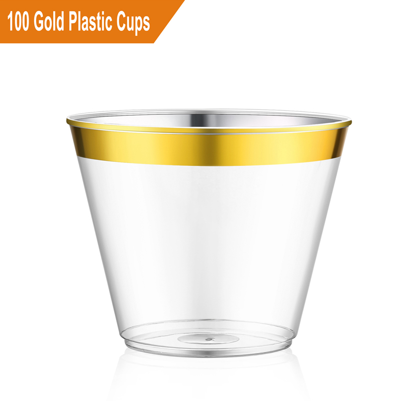 100 Gold Plastic Cups, AusKit Clear Plastic Cups (9 Oz) Old Fashioned Plastic Tumblers, Party Cups with Gold Rim for Weddings, Sophisticated Events and New Year's Eve Parties (Gold Rimmed, 100)